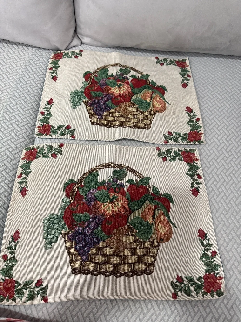Vintage Tapestry Fruit Basket Embroidered Table Runner and 2 Placemats 70” Long